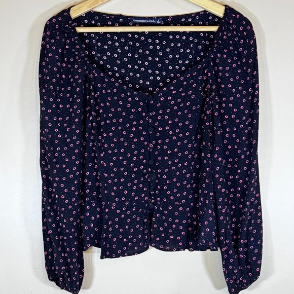 #33 Women's Abercrombie & Fitch Floral Blouse, Navy & Red, Size Large - Picture 1 of 5